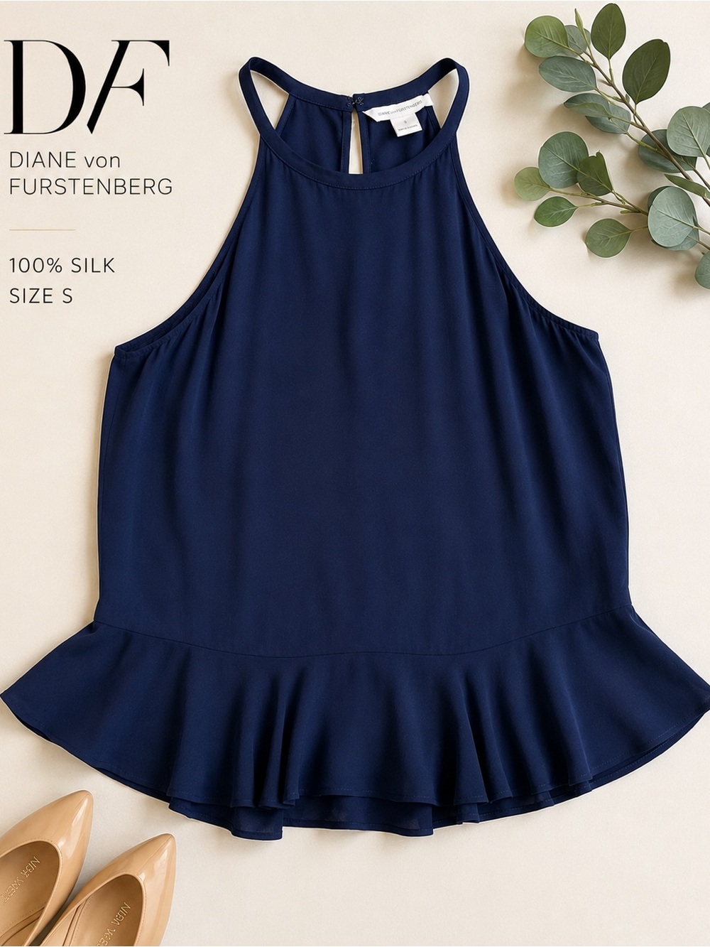 DVF Diane von Furstenberg 100% Silk Navy Peplum Halter Top Small